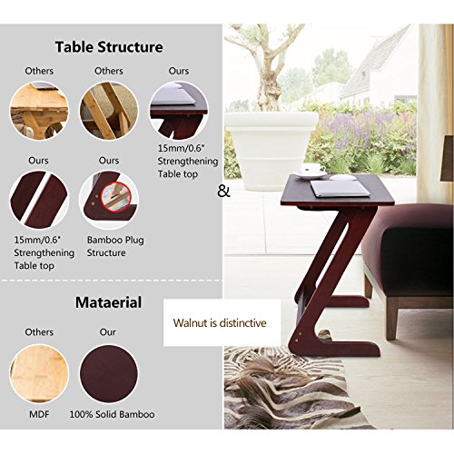 Homevol Bamboo Snack Table Sofa Couch Coffee End Table Bed Side Table Laptop Desk Modern Furniture for Home Office, Walnut Color