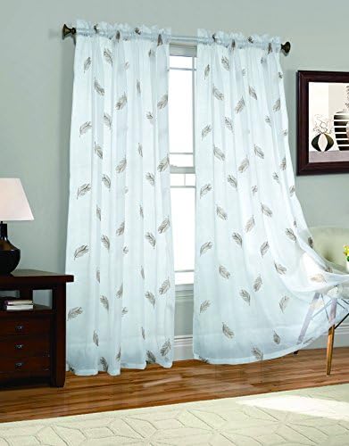 2 Piece Feather Embroider Sheer Voile Window Curtain Panel Drapes Brown Color Medium Size 54" W x 84" L