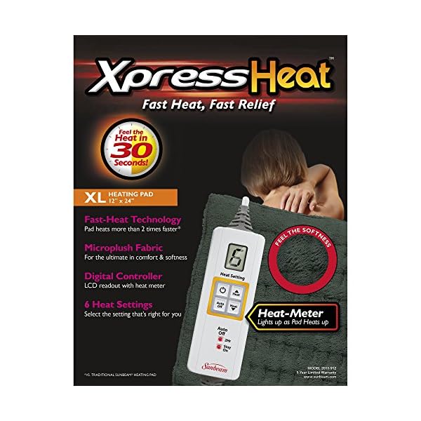 Sunbeam Heating Pad for Fast Pain Relief XL King XpressHeat, 6 Heat