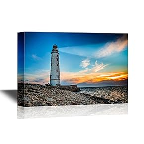 Canvas Wall Art - Lighthouse Searchlight Beam Through Sea Air at Night - Gallery Wrap Modern Home Art | Ready to Hang - 12x18 inches