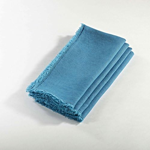 4 Piece Ocean Blue Napkin, Casual Classic Contemporary Novelty Patterned Traditional Style, Linen Material, Abstract Pattern, Square Shape, All Seasons, Fringed Stone Washed Design, Light Royal Blue