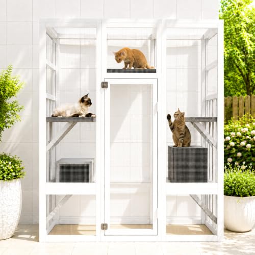 70" Large Outdoor Catio Cat Enclosure, Wood Cat Patio with Waterproof UV-Resist…
