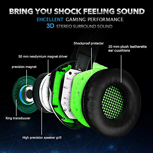 TURN RAISE Upgraded 3.5mm Stereo Gaming Headset for Xbox One, PS4, PC - Surround Sound Over-Ear Headphones with Noise Cancelling Mic for Playstation 4, Laptop, LED Lights &Volume Control (Green)