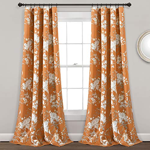 Lush Decor Botanical Garden Curtains Floral Bird Print Light Filtering Window Panel Drapes Set for Living, Dining, Bedroom (Pair), Orange, 52 W x 95L