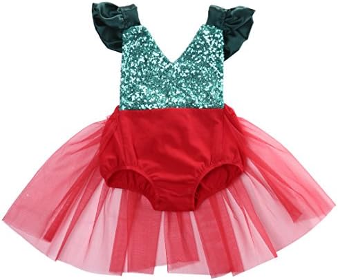 Sequins Infant Xmas Newborn Baby Girls Tulle Romper Bodysuit Jumpsuit Backless Sunsuit Outfits Red Size 6-12 Months