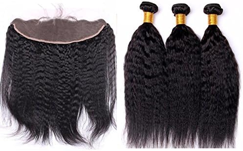 Brazilian Unprocessed Kinky Straight Human Hair Extensions Dyeable Great Quality Hair Weave Bundles 8A Cheap Hair with 13X4 Lace Frontal Closure (81010+8)