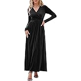 OUGES Women's Long/Short Sleeve V-Neck Wrap Waist Maxi Dress