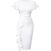 Memoriesea Women's Vintage Church Ruffle Sleeve Ruched Bodycon Work Midi Pencil Dress