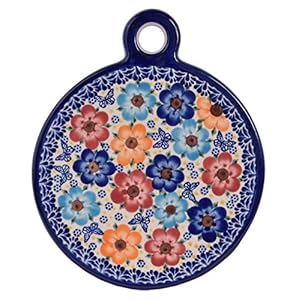 Traditional Polish Pottery, Handcrafted Ceramic Cutting and Chopping Board with Handle (Ø 20cm,/ 7.8in), K.102.Meadow