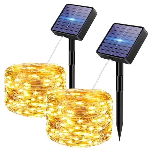 bitjam Pack of 2 Outdoor Solar String Lights, 5+2M 50 LED 8 Mode IP65 Waterproof Solar String Lights Outdoor with Memorization for Fence, Garden, Balcony, Decoration, Warm White