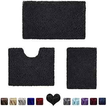 HOMEIDEAS 3 Pieces Bathroom Rugs Set Black, Luxury Soft Chenille Bath Mats Set, Absorbent Shaggy Bath Rugs & Slip Resistant Plush Carpets Mats for Tub, Shower, Bathroom