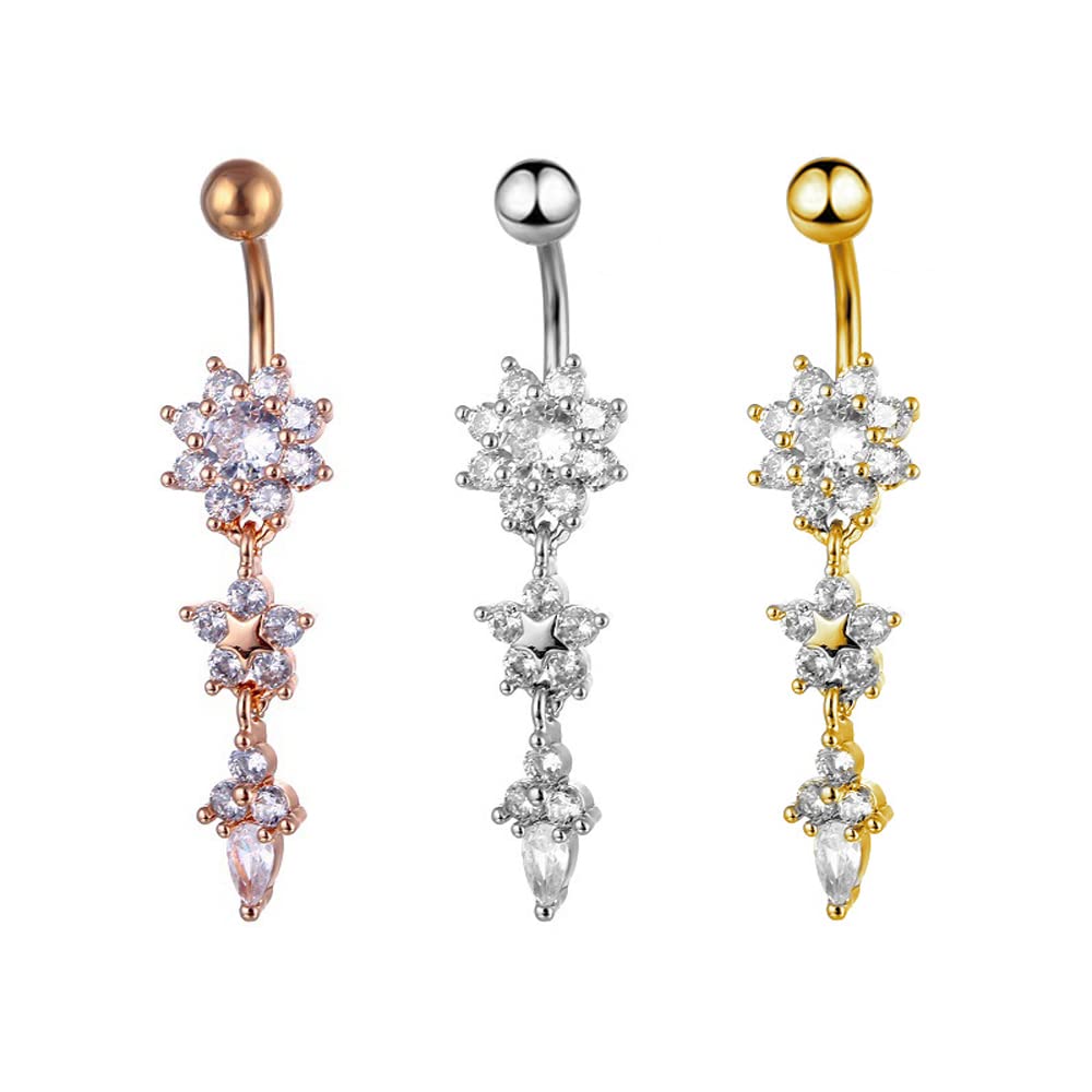 Liitata 3 Pcs Dangle Belly Button Rings Shiny Drop Pendant Belly Piercing Jewelry Crystal Navel Piercing for Ladies Women Girls - Gold Silver Rose Gold