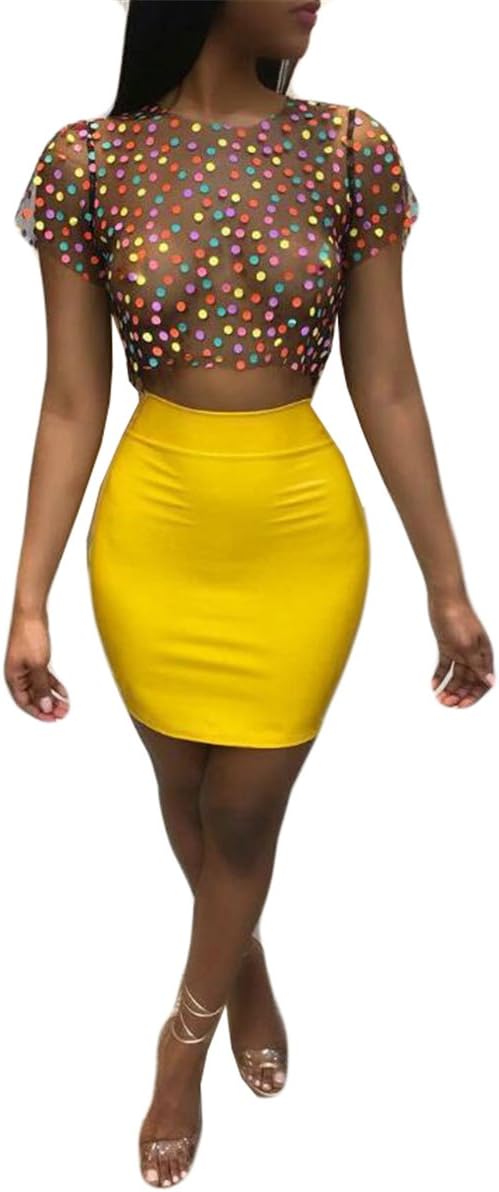 Women's 2 Pieces Mesh See-Through Colorful Dot Tops Bodycon Skirts Sexy Party Cocktail Dress Outfit Set