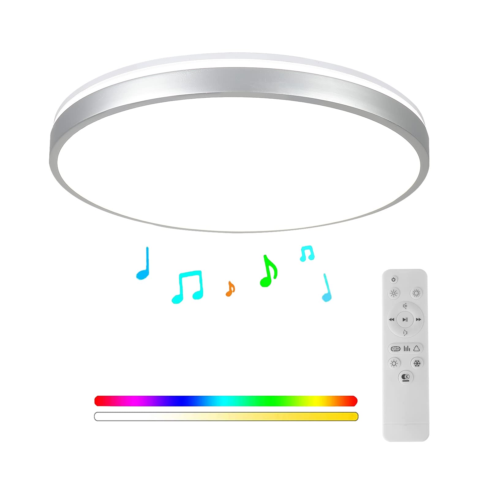 Photo 1 of HOREVO Bathroom Ceiling Light with Remote Control with Bluetooth Speaker, 24W Diammble Color Changing, LED Flush Mount Shower Light Fixture for Living Room, Bedroom, Kitchen Silver, (Need Wired)