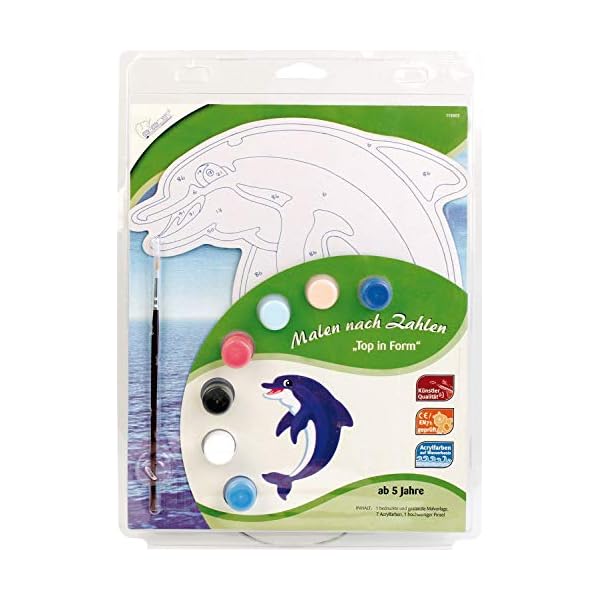 MAMMUT 113003 - Malen nach Zahlen Top in Form, Tiermotiv, Delfin, Komplettset mit bedruckter und gestanzter Malvorlage, 7 Acrylfarben und Pinsel, Malset für Kinder ab 5 Jahre
