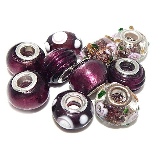 Ten (10) Pack of Assorted (Purple) Glass Lampwork Beads for Snake Chain Charm Bracelets