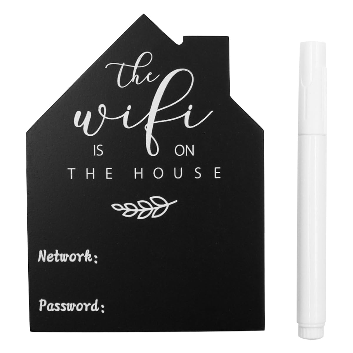 Hsthe Sea WiFi Password Sign Wooden Table WiFi Sign Wooden Freestanding Chalkboard Style House Shape with Board Erasable Pen for Home,coffee table,counter or desk(Black)