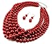 Chunky Layered Strands Shimmery Red Acrylic Simulated-Pearl Bead Silver Chain Necklace Earring Jewelry Set Gift
