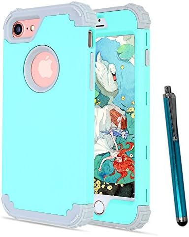 iPhone 8 Case, iPhone 7 Case KXLY 3 in 1 Hybrid Slim Case Heavy Duty Shockproof Full-Body Protective Cover Hard PC Rugged Soft Silicone Bumper Dual Layer for iPhone 7/8+Stylus[Mint Green-Gray]