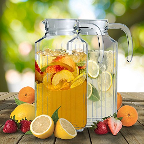 Set of 2 Glass Pitchers with Lid and Spout, 1.8 Liters Ribbed Design Fridge Door Water Dispenser with Handle for Chilled Beverages, Homemade Juice, Iced Tea - Thumbnail 3