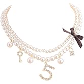 imitation pearl jewelry lucky number five and black bowknot chocker necklace for women