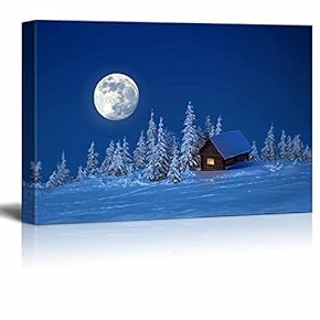 Beautiful Scenery Landscape Wooden House in Winter Forest Under The Bright Full Moon - Canvas Art Wall Art - 12" x 18"
