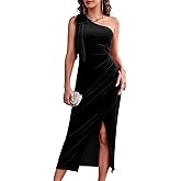 Wenrine Women's One Shoulder Velvet Dresses Slim Fitted Slit Faux Wrap Sexy Bodycon Evening Dress