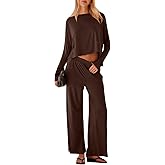 UNIANKIYA Womens 2 Piece Lounge Set Long Sleeve Oversized Crop Tops and Wide Leg Pants with Pocket Casual Pajama Matching Set