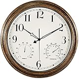 SMILEMARY 18 Inch Large Outdoor Wall Clock,Waterproof Vintage Silent Non-Ticking Clock with Thermometer and Hygrometer Combo,Battery Operated Clock Wall Decorative for Patio/Pool/Garden- Bronze