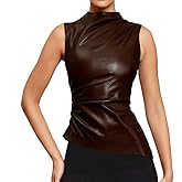 Women's Soft Leather Tank Crop Top Vest Sleeveless Asymmetrical Ruched Sexy Mock Neck Pleated T-Shirt