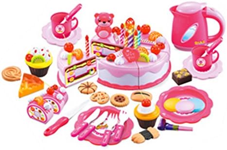 Global Wumart Play Food Set Kids Gift Birthday Cake with Cutting Knife, Tea Pot and Cups Cookies, etc. Pink