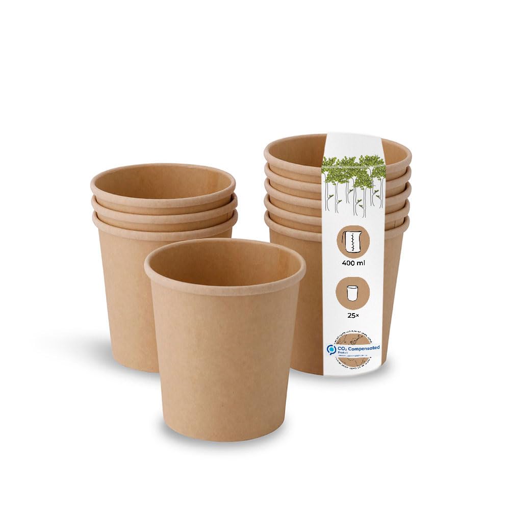 BIOZOYG Organic Food Cups Paper Cups Kraft Cups Brown I Compostable Cup with Water-Based Inner Barrier Soup Cup Take-Away Ice Cream Cups I 25 Disposable Cups Biodegradable 16 oz