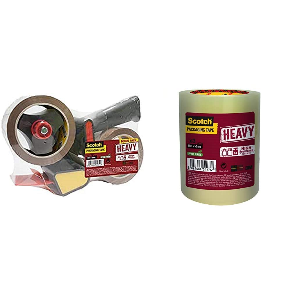 Scotch DEVIDOIR Metal 50 mm x 66 m Dispenser + 2 Rolls of Packaging Tape + 50 x 66 mm Packaging Tape Roll, Heavy Transparent, Pack of 3