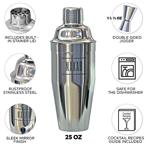 Complete Cocktail Set including 24 oz Cocktail Shaker - Bartender Kit with Martini Shaker and Recipes - Professional 5 piece Bar Tools Mixology Kit - Barware Set with Drink Shaker