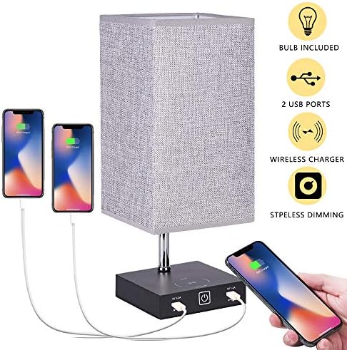 LED Table Lamp Wireless Charger Dimmable Desk Lamps with 2 USB Charging Ports, Gray Fabric Shade Modern Nightlight for Bedroom Living Room,Only Support 12V E26 LED Bulbs Included - Grey