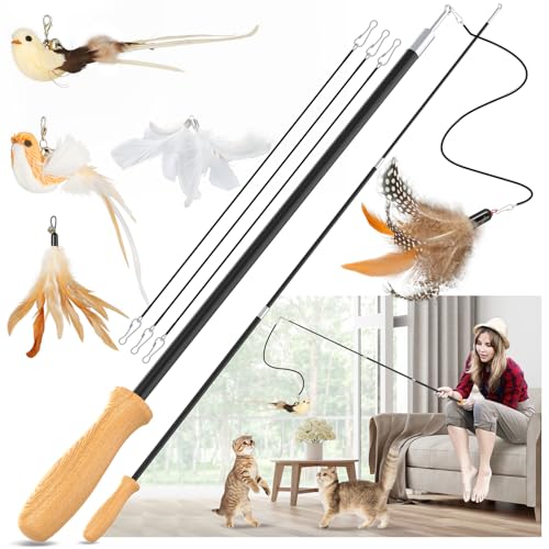 ROSAUI 2 x cat fishing rod, long, interactive cat toy with 2 birds and 3 feathers, cat toy for kittens, cat toys, stable, 107 cm