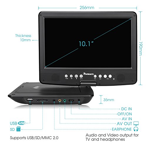 NAVISKAUTO-101-Inch-HD-Portable-DVDCD-Player-with-SD-Card-Slot-USB-Port-and-5-Hour-Built-In-Rechargeable-Battery-270-Swivel-Screen-3m-ACDC-Adapter-and-Car-Headrest-Mount-Case-Black