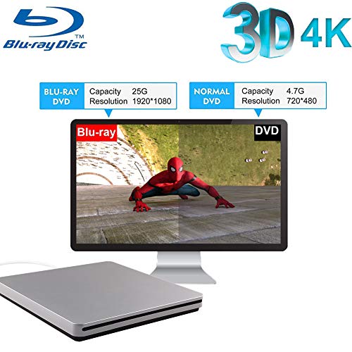 Blu-Ray Player, 3D 4K Player USB 3.0 Ultra Slim CD DVD Drive Portable BD DVD CD RAM Burner Combo High Speed Re-Writer for Sliver Ultrabook Laptop Notebook PC Desktop