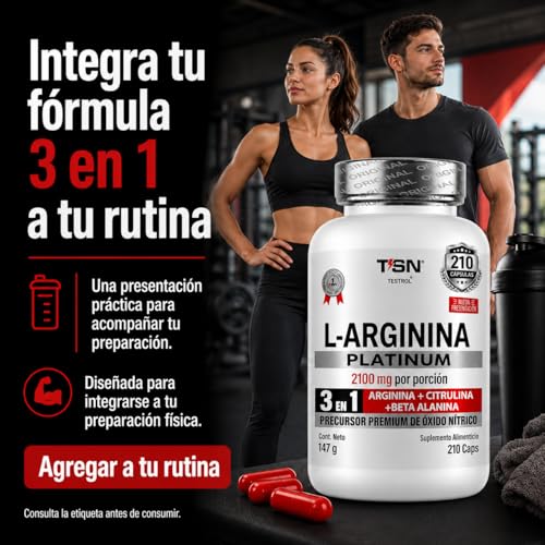 Arginina Platinum 2100mg por porción | L Arginina + L Citrulina + Beta Alanina | Pre Workout | Pre Entreno sin Cafeina | Precursor de Oxido Nítrico | Rendimiento y Energia | Testrol TSN (210 Cápsulas).
