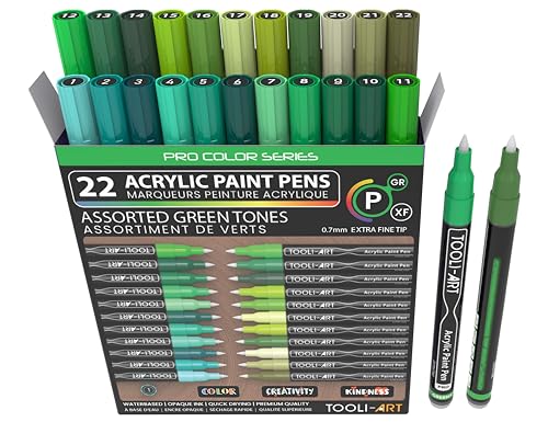 Acrylic Paint Pens Set of 22 Assorted Pro Color Series Markers, 0.7mm Extra Fine Tip for Rock Painting, Glass, Cups, Wood, Canvas, Non-Toxic (Green)