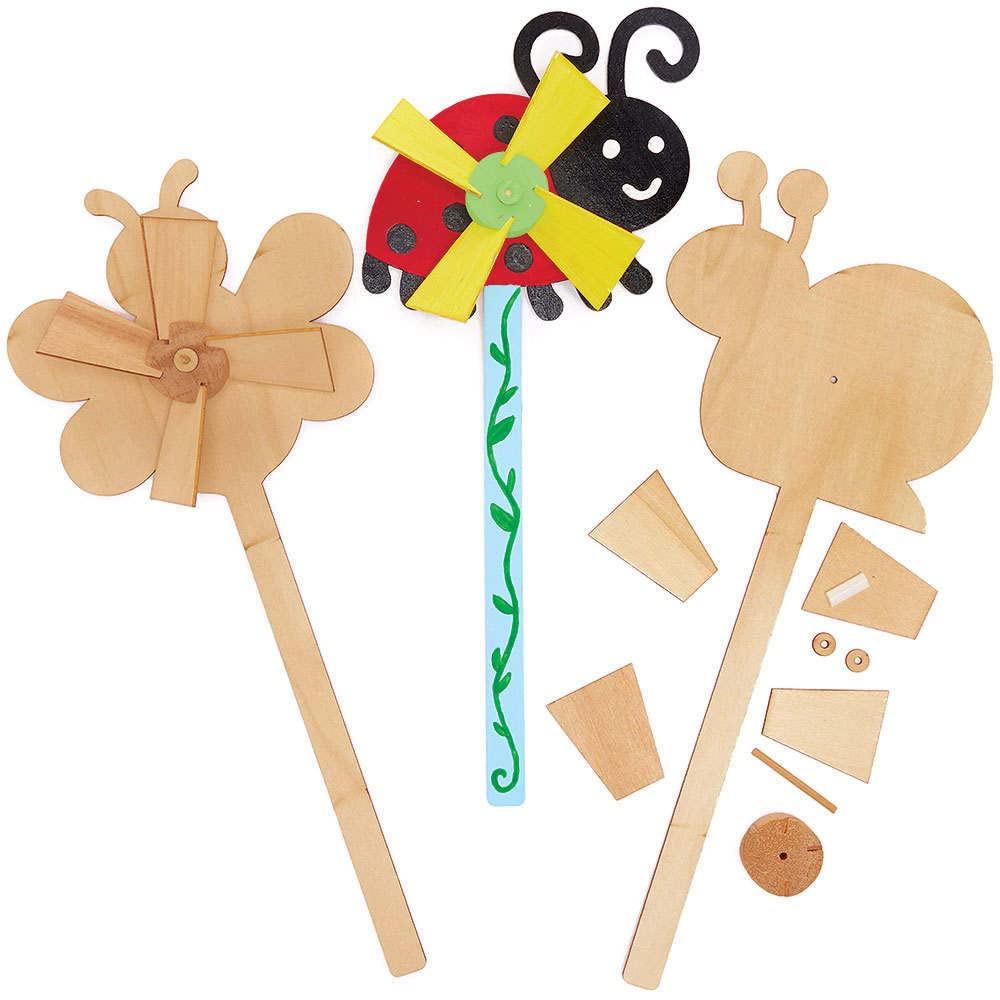 Baker Ross FC709 Bug Wooden Windmills - Pack of 4, Wood Craft Kits for Kids, Kids Painting Crafts, Garden Crafts