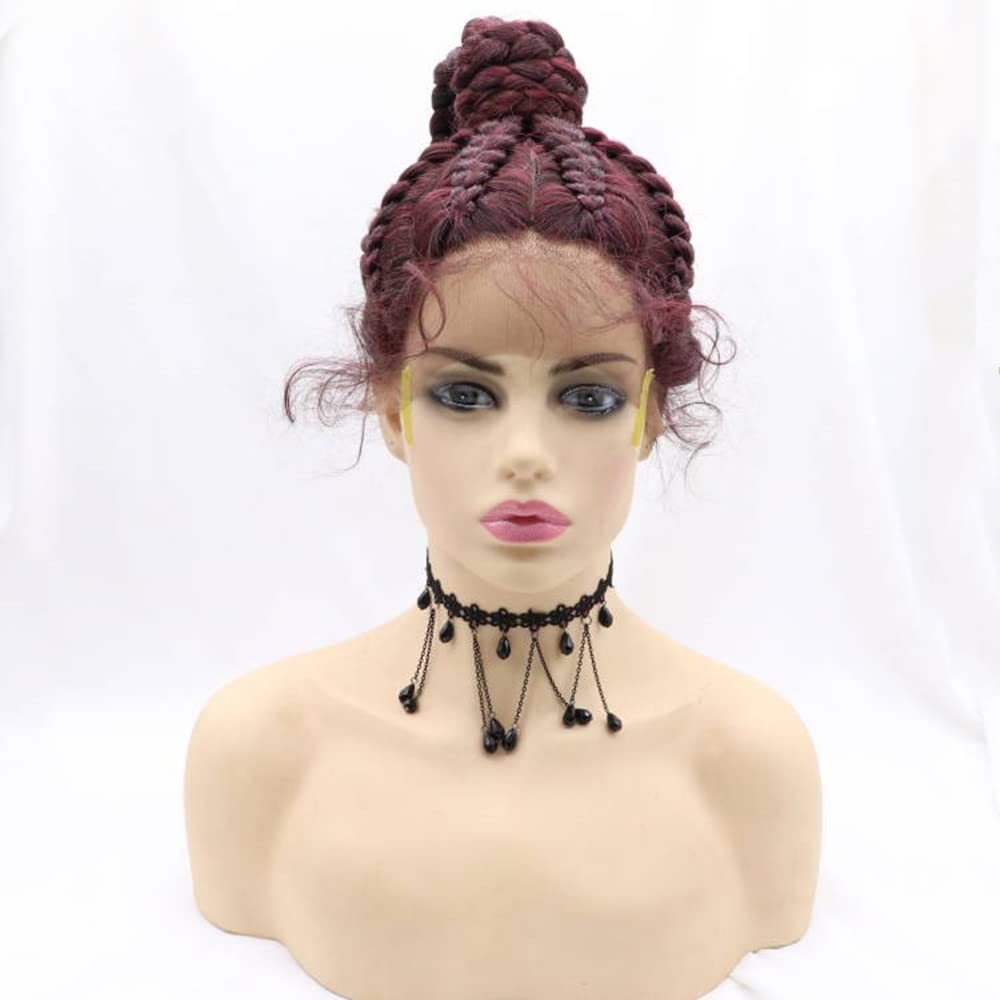 Xiweiya Wigs Burgundy Color 8Braids Synthetic Braid Lace Front Wigs For Women Hair 100% HandMade Synthetic High Ponytails Lace Braids Wig
