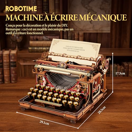ROBOTIME Fairytale Wooden 3D Puzzle Writing Machine - Building Adult Model Kit, Mechanical Toy, Retro Office Decoration & Elegant Gift, LK703C (Orange)
