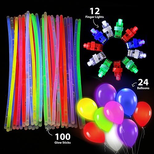 Nooled Set of 136- Glow LED Party Supplies Pack, 100 8" Glowsticks ,24 LED Balloons ,12 Led Finger Lights Rings Flashing, Glow in The Dark Party Favors Pack