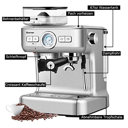 COSTWAY Siebträgermaschine mit 30 Stufen Mahlwerk, Kaffeemaschine mit Milchaufschäumdüse, Espressomaschine mit PID… – Bild 7