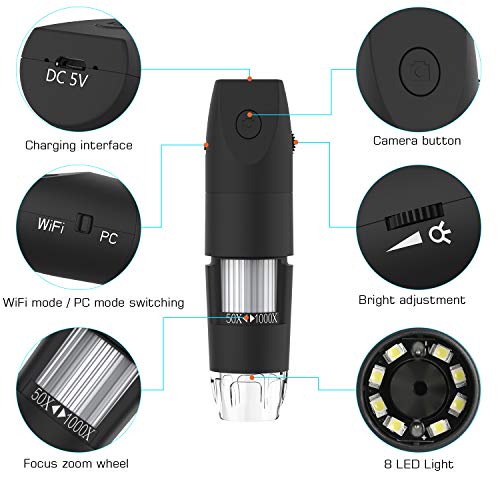 Limited Price Reduction, Intee Wireless Digital Microscope,50X To 1000X WiFi Microscope , Flexible Arm Observation Stand with 1080P HD 2.0 MP 8 LED, Mini Handheld Microscope Camera for Android IOS PC