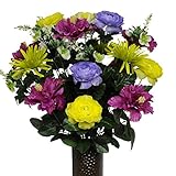 Purple Hibiscus Ranunculus Daisy Silk Flower Bouquet with Stay-In-The-Vase® Design Flower Holder(MD1350)