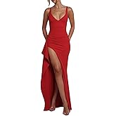 Women's Spaghetti V Neck Formal Maxi Evening Gowns Cocktail Dress Floor Length Maxi Dress Bodycon Ruched Party Dresses