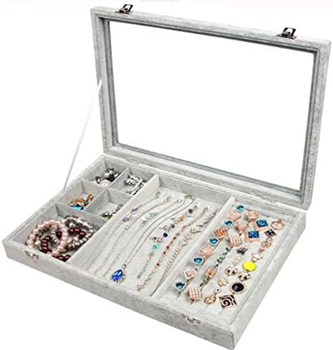 Glitterymall Multifuctional Jewelry Organizer Box Storage Holder Showcase Tray with Lock Glass Top for Necklace Earring Ring Bracelet Displaying Girl's Gift Jewelries Not included