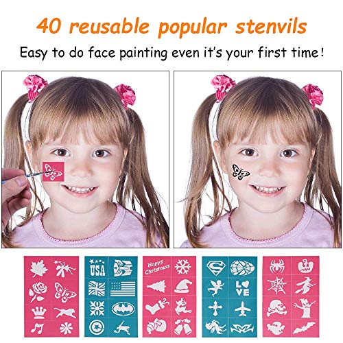 Miserwe Safe Non-Toxic Face Painting Kit-18 Colors,40 Stencils,1 Silver Sticker,2 Glitter Powder,4 Brushes, 4 Sponge Kit Professional Washable Body & Face Painting Kits for Kids Adult